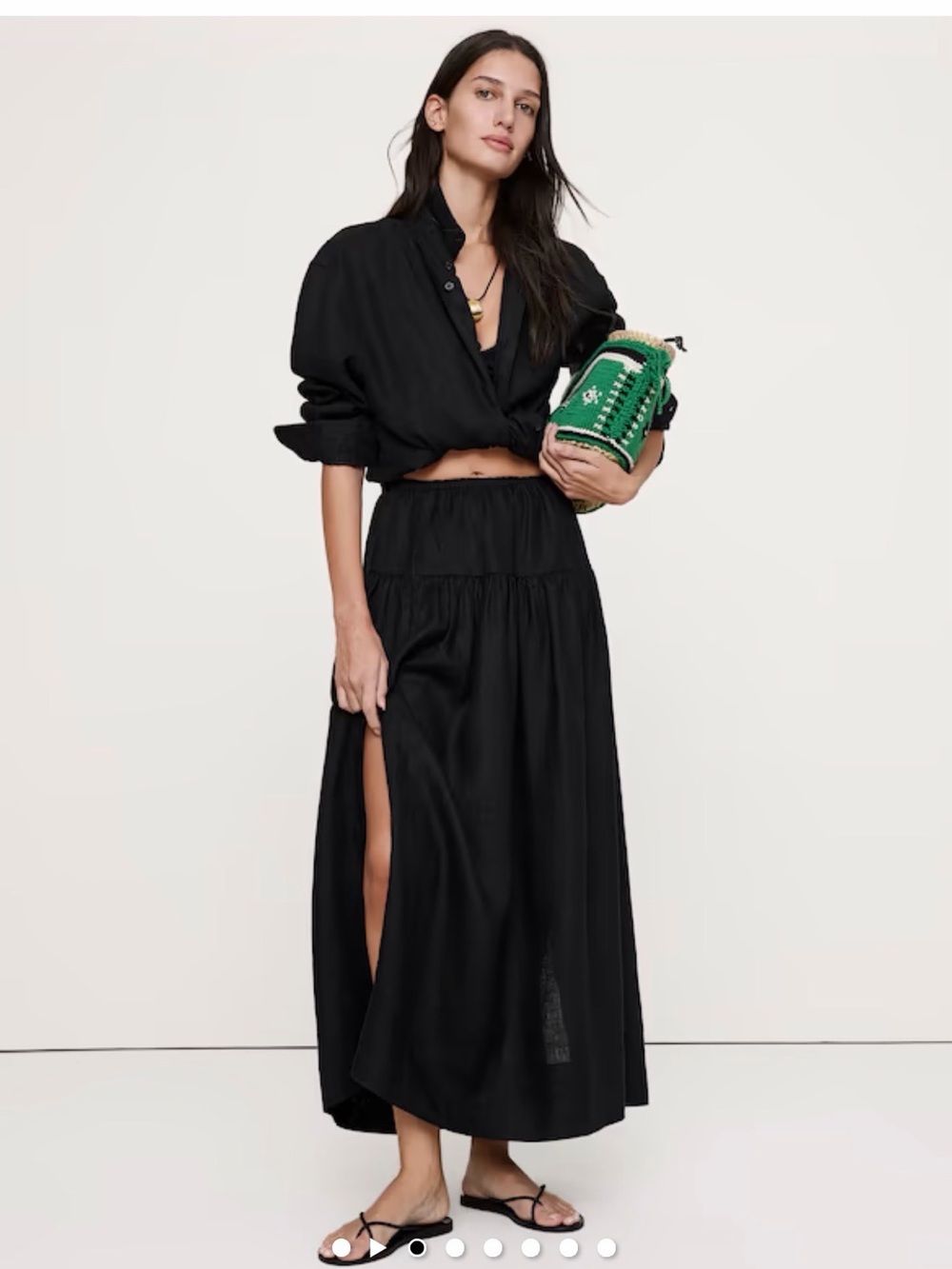 Black Linen Tiered Maxi Skirt with Side Slits - Picture 2 of 4